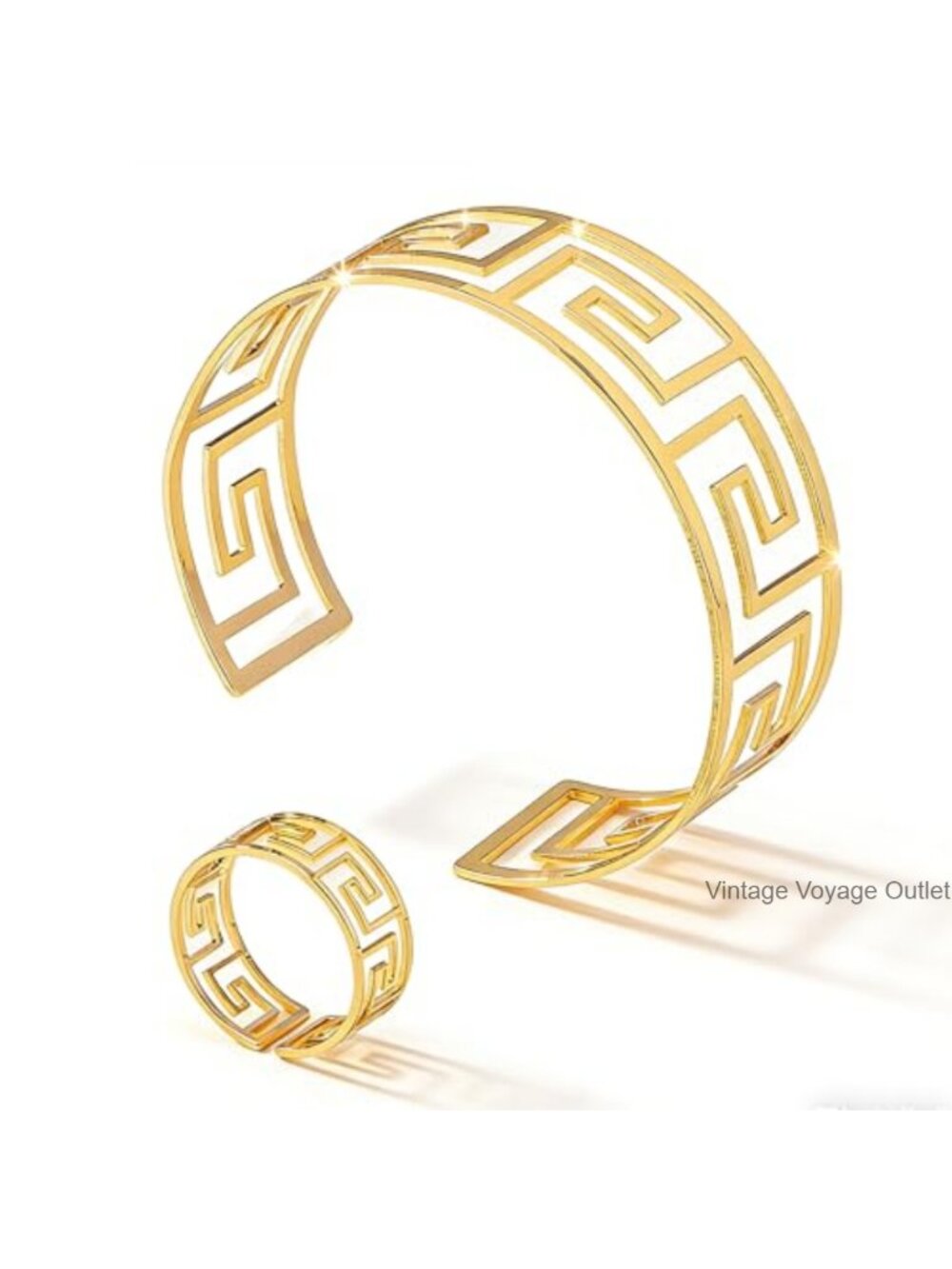 Hollow Out Cuff Bracelet & Ring Set for Women, Non Tarnish Polished Alloy Steel